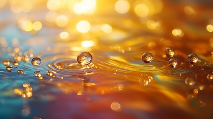Poster - droplets of water create ripples in a vibrant sunset reflecting on the surface