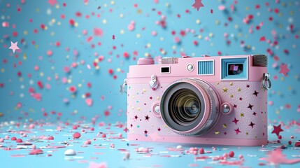 Wall Mural - Vintage Pink Camera with Confetti on Pastel Background Celebrating World Photography Day