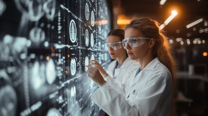 Aufkleber - Two scientists focus on interpreting complex data displayed on a high-tech screen in a dimly lit lab.