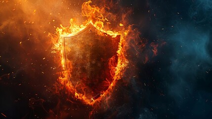 Poster - Shield engulfed in flames with a fiery background at night