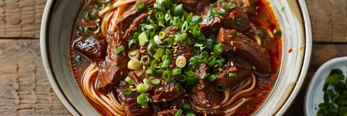 Wall Mural - Beef Noodle Soup Garnished with Fresh Green Onions