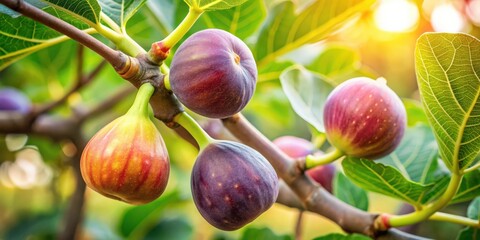 Aufkleber - Close-up of ripe figs hanging on a branch of a fig tree , figs, tree, branch, ripe, fruit, green, leaves, nature, harvest