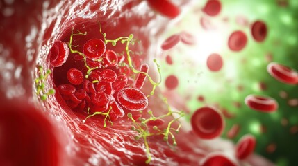 3d close-up of erythrocytes in an artery, vibrant red blood cells, detailed microbiology, intricate 