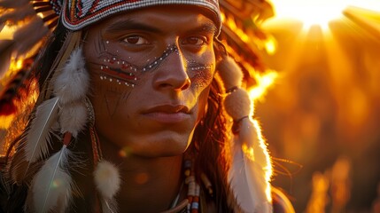 Young man in traditional attire poses during sunset with feathered headdress and painted face