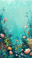 Wall Mural - Digital sea surrounded by flowers illustration poster background