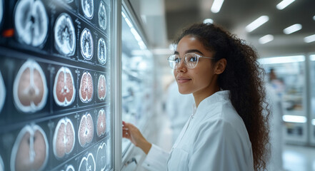 Poster - A researcher in a lab coat studies brain imaging results, engaged in her work at a well-lit medical facility.