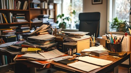 vA messy table with scattered document files, papers, and office supplies in a home office.