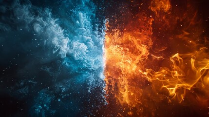 Poster - Dynamic clash of blue and orange smoke with swirling textures in an abstract composition