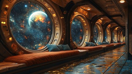 vintage spaceship interior interplanetary cruise ship star-filled window views