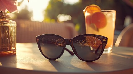 A pair of black sunglasses lying on a sunlit outdoor patio table, with a fresh drink and summer vibe.