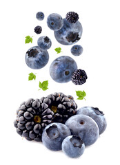 Wall Mural - Fresh ripe berry in closeup. Black berries. Blackberries and blueberries on white background.