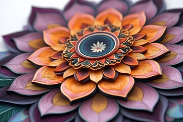 Intricate paper flower design with vibrant layers and exquisite detail, showcasing stunning artistry and craftsmanship in close-up view.