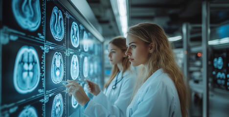 Poster - Two healthcare workers examine detailed brain imaging in a cutting-edge laboratory setting.