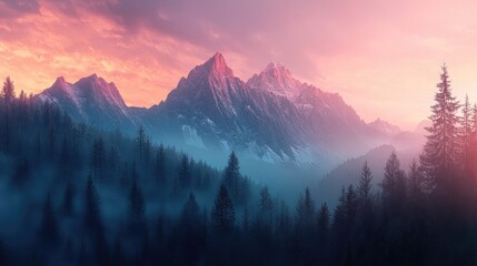 Canvas Print - A serene mountain landscape at sunrise, perfect as a computer screen saver wallpaper