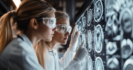 Poster - Two women in lab coats and goggles examine detailed brain scans on a large screen, focused on their research and findings.