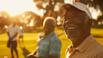 Smiling senior man wearing a golf hat on a sunny golf course.