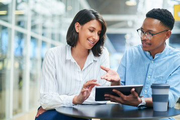 Poster - Tablet, woman and discussion for designer with business in office, working and proposal in startup. Tech, meeting and smile of professional worker on internet for research, web app or online creative