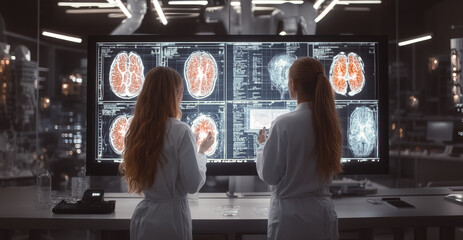 Poster - Two researchers study detailed brain scans on a large display in a high-tech laboratory during nighttime.