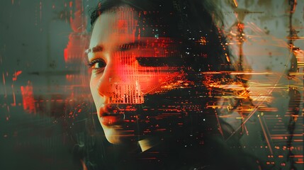 Poster - A haunting portrait of a person, their features partially distorted and broken, as if a photograph is corrupted by glitches, blending traditional photography with a digital glitch effect