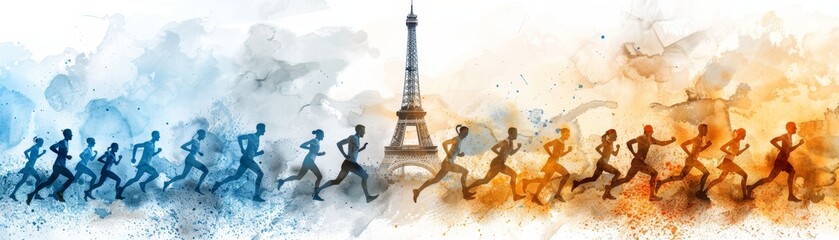 Artistic illustration of a marathon with runners in front of the Eiffel Tower, showcasing the spirit of competition and energy.