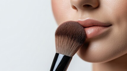 Wall Mural - brush,Portrait of a beautiful young woman A close-up of a makeup brush applying blush to the cheeks.