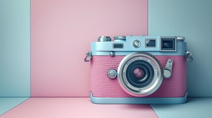 Wall Mural - Vintage Camera on Pastel Background Celebrating World Photography Day with Soft Colors and Retro Vibes