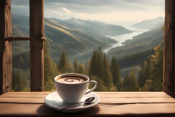 Morning Coffee with Scenic Mountain View,Generative AI