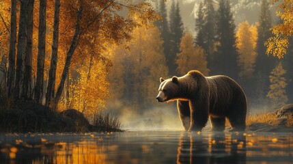 Poster - A grizzly bear forages along the riverbank, surrounded by vibrant autumn foliage and mist rising in the cool evening air