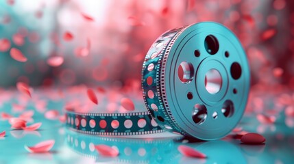 Wall Mural - Celebrating World Photography Day with a Pastel Background and Film Reel Surrounded by Petals