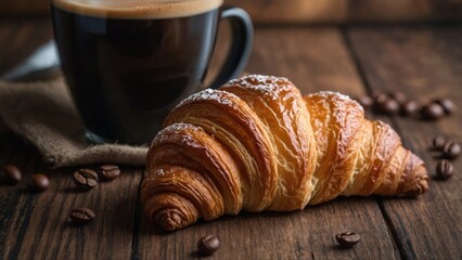 Coffee croissant on wooden background empty.