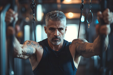 Senior man with grey hair working out in a gym