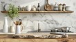 © Sirichat. Camphol - Stylish marble table on wooden platform with space for documents and kitchen utensils and blurred plates and bowls on light wall background.