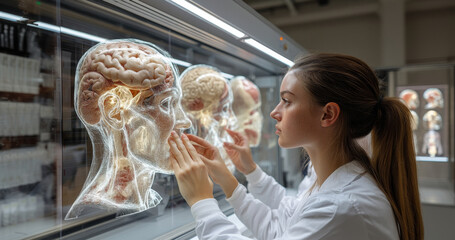 Poster - A medical student examines detailed anatomical models of human heads while learning about the brain and facial structures.