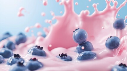 Wall Mural - Fresh blueberries splash in pink yogurt creating a vibrant, visually striking mix in a bright setting.