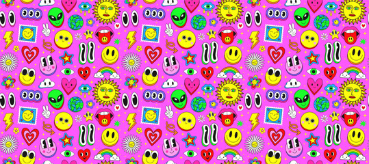 Poster - Cool Y2k Cute Seamless Pattern Stickers Collage. Cartoon Style Comic Texture. Funny Pop Art Groovy Illustration. Funky Background.
