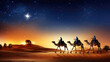 © Garnar - Nativity of Jesus Scene. Shining Bethlehem star and silhouette of three wise men on camels in desert. Bright bethlehem star. Banner. Epiphany concept