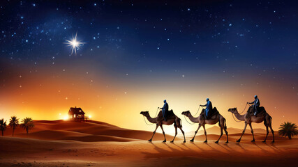 Nativity of Jesus Scene. Shining Bethlehem star and silhouette of three wise men on camels in desert. Bright bethlehem star. Banner. Epiphany concept