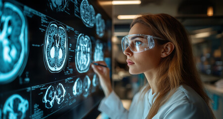 Poster - A researcher examines brain images on a large screen, focused on understanding neurological conditions.