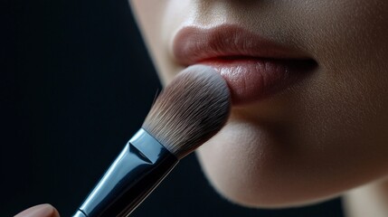 Wall Mural - brush,Portrait of a beautiful young woman A close-up of a makeup brush applying blush to the cheeks.