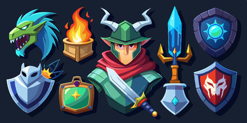 Game fantasy icon set, vector magic dungeon dragon RPG sign, medieval warrior avatar, fairytale sign. Knight battle sword, armour helmet, power weapon, witch hat, potion cauldron. Fantasy icon kit