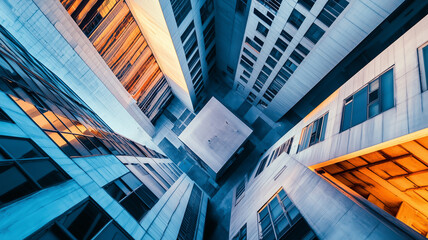 Top-down view of a city’s modern architecture, with geometric patterns and sleek lines forming an abstract, visually striking composition