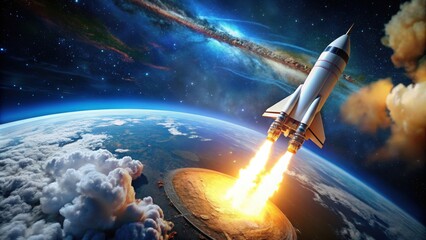 Wall Mural - Rocket flying into space with earth in background, space, rocket, exploration, launch, earth, planet, universe, technology