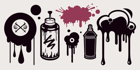 Spray graffiti element set, vector can splatter brush drip freehand kit, urban street black grunge. Cool hand writing stain splash, dirty messy airy ink stroke and circles. Spray graffiti dark splash