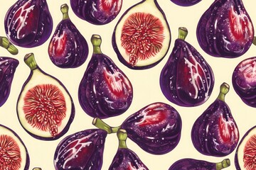 Wall Mural - Hand-drawn fig pattern with detailed textures and natural colors, ideal for gourmet food packaging.