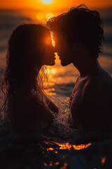 Poster - Sunset beach kiss, silhouette of a couple, golden light reflecting on the water, soft waves, intimate and tender moment, serene and peaceful colors, romantic vibes, 3D abstract background elements