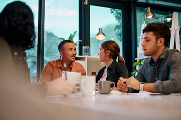 Poster - Startup, meeting and business people in office in discussion for planning, project and brainstorming. Creative company, teamwork and men and women talk for collaboration, conversation and cooperation