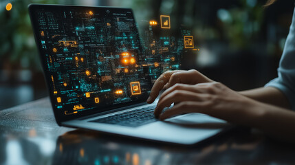Poster - Process to increase productivity concept, businessman using laptop with efficiency icons, industrial management, lean cost, productivity growth, modern business strategy, 3D background