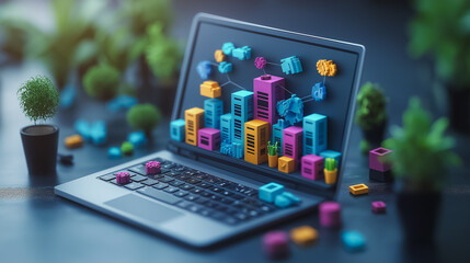 Poster - laptop with productivity process icons, businessman focused on efficiency and growth, industrial man