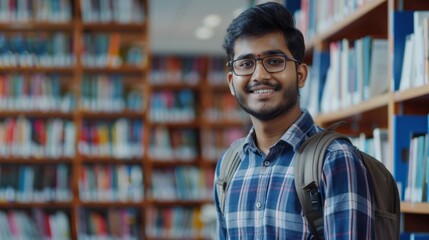 Poster - A cheerful student stands in a library filled with colorful books, showcasing his passion for learning and knowledge acquisition