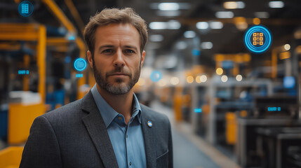 Poster - Efficiency process icons, businessman at laptop, productivity growth in industrial management, lean cost solutions, high-tech corporate environment, sharp focus, professional lighting